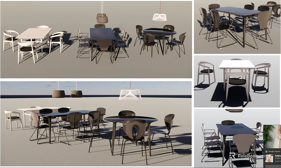 Modern Dining Table Set With Various Chairs And Hanging Pendant Lights 3d model 