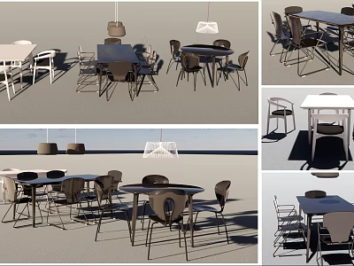 Modern Dining Table Set With Various Chairs And Hanging Pendant Lights 3d model