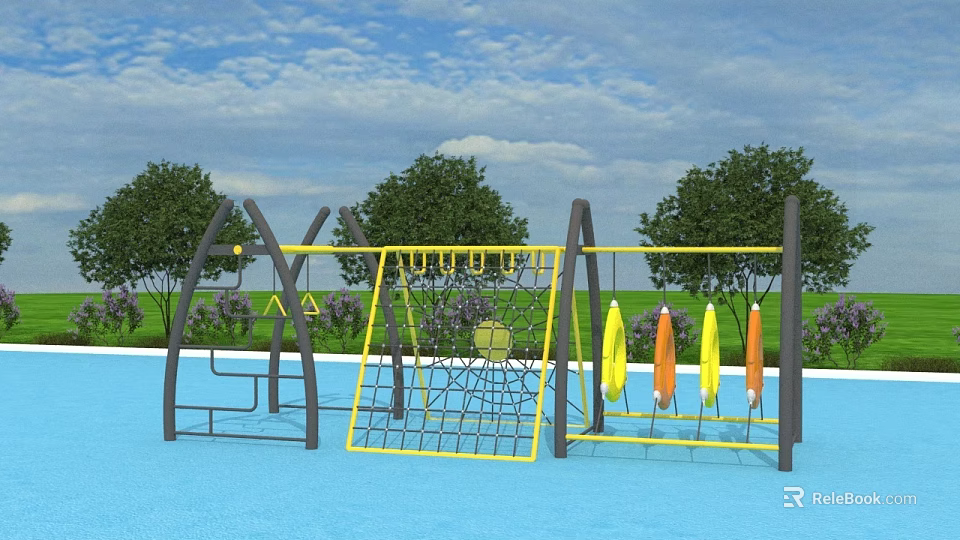 Outdoor Playground Equipment Featuring Climbing Net And Colorful Hanging Devices 3d model 