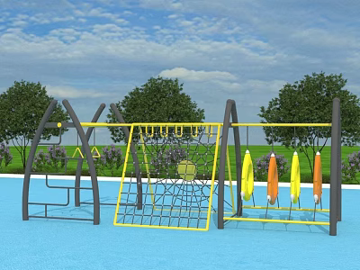 Outdoor Playground Equipment Featuring Climbing Net And Colorful Hanging Devices 3d model