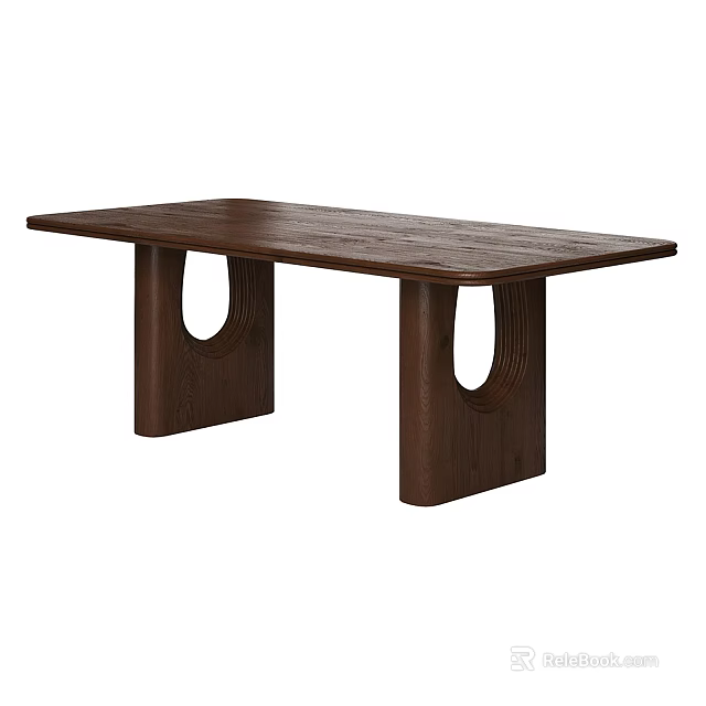 Modern Dark Brown Wooden Dining Table With Unique Curved Double Column Legs Design 3d model 