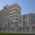 Modern Multi Story Office Building Exterior With Glass Windows Retail Spaces and Parking Area