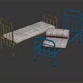 Black And Blue Metal Frame Beds Featuring Plaid Striped Mattress And Rolled Up Mattress