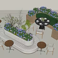 Modern Banquette Sofa Interior with Green Plants Purple Flowers Small Round Tables and Chairs