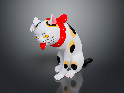 White Maneki Neko Figurine With Black Spots Red Polka Dot Bow And Raised Paw 3d model