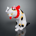 White Maneki Neko Figurine With Black Spots Red Polka Dot Bow And Raised Paw