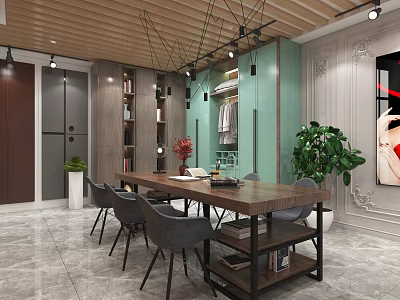 Modern Interior Design With Wooden Ceiling Pendant Lights Green Wall Long Table And Gray Chairs 3d model