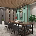 Modern Interior Design With Wooden Ceiling Pendant Lights Green Wall Long Table And Gray Chairs