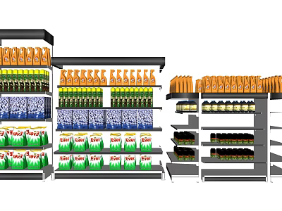 Multi Tiered Retail Display Shelves With Organized Bottled Beverages Boxed Products And Store Layout Design 3d model