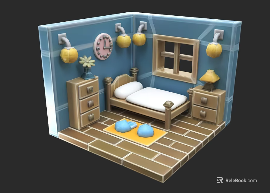 Blue Bedroom Interior With Bed Nightstands Window Clock And Yellow Lights 3d model 