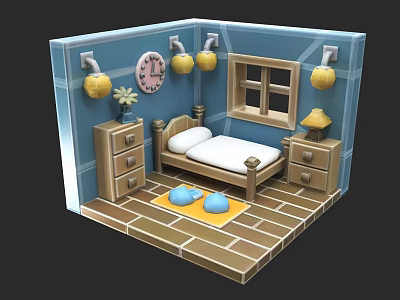 Blue Bedroom Interior With Bed Nightstands Window Clock And Yellow Lights 3d model