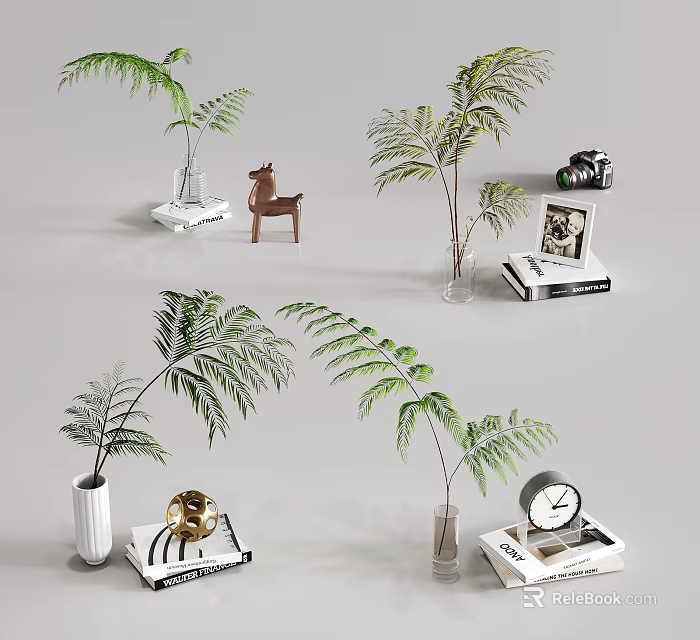Elegant Decorative Vases With Green Fern Plants And Books Clock Figurine 3d model 