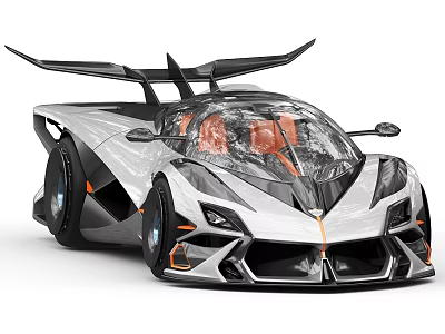 Sleek White Black Supercar With Large Rear Wing Transparent Roof And Orange Seats 3d model