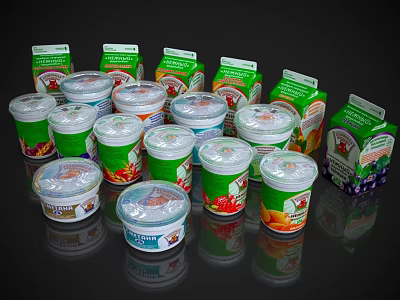 Assorted Yogurt Cups And Boxes With Colorful Fruit Flavor Packaging 3d model