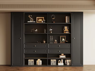 Elegant Retro Full Wall Black Bookcase With Multiple Storage Drawers And Exquisite Decor Display Shelves 3d model