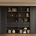 Elegant Retro Full Wall Black Bookcase With Multiple Storage Drawers And Exquisite Decor Display Shelves