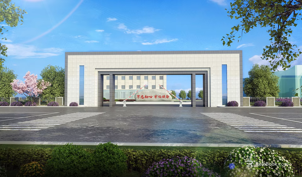 Modern Main Entrance Building with Open Square Green Shrubs and Blue Sky 3d model 