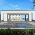 Modern Main Entrance Building with Open Square Green Shrubs and Blue Sky