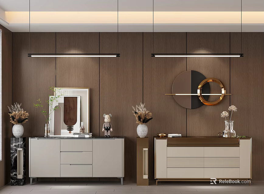 Modern Elegant Entryway Cabinet And Side Cabinet With Wooden Wall Hanging Lights And Vases 3d model 