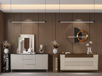 Modern Elegant Entryway Cabinet And Side Cabinet With Wooden Wall Hanging Lights And Vases 3d model