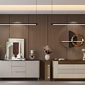 Modern Elegant Entryway Cabinet And Side Cabinet With Wooden Wall Hanging Lights And Vases