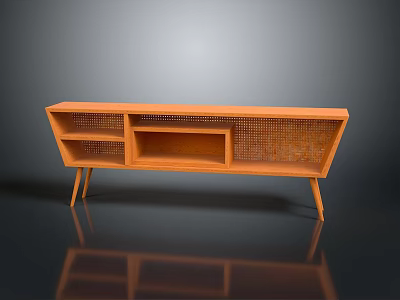 Modern Wooden TV Stand With Rattan Panels And Open Shelves Design 3d model