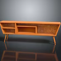 Modern Wooden TV Stand With Rattan Panels And Open Shelves Design