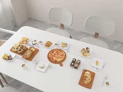 Assorted Delicious Food Selection with Pizza Bread Waffles Cookies Coffee on White Table and Chairs 3d model