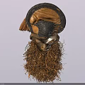 Handcrafted Tribal Mask Wall Decor With Brown Black Design Round Top And Fringed Beard