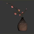 Carved Vase Sculpture With Textured Brown Surface And Pink Flower Branches On Dark Background