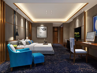 Modern Hotel Guest Room Interior With Large Bed Blue Armchair Ottoman Writing Desk And Painting 3d model