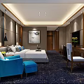 Modern Hotel Guest Room Interior With Large Bed Blue Armchair Ottoman Writing Desk And Painting