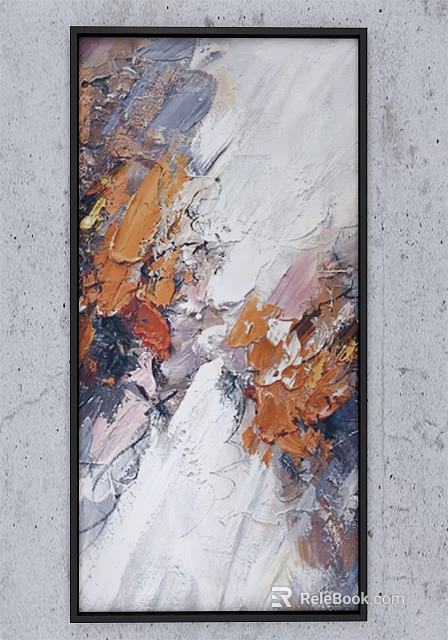 Abstract Painting With Thick Textured Brushstrokes Orange White Purple Black Frame On Gray Wall 3d model 