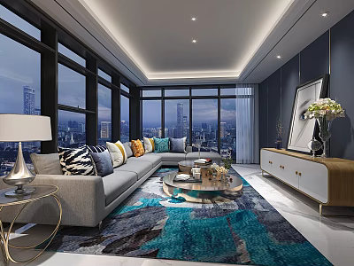 Modern Luxury Living Room With Comfortable Sofa And Large Windows Overlooking Stunning City Night View 3d model