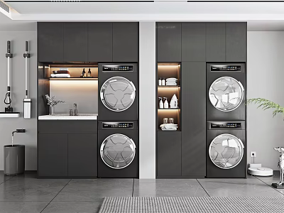 Modern Bathroom Cabinet Rack With Gray Storage Cabinets Washing Machine And Dryer 3d model