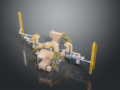 Industrial Facility 3D Model With Equipment Pipes Yellow Supports And Structural Layout 3d model