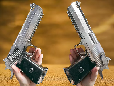 Pair of Silver Metallic Handguns Held in Hands Against Golden Background 3d model