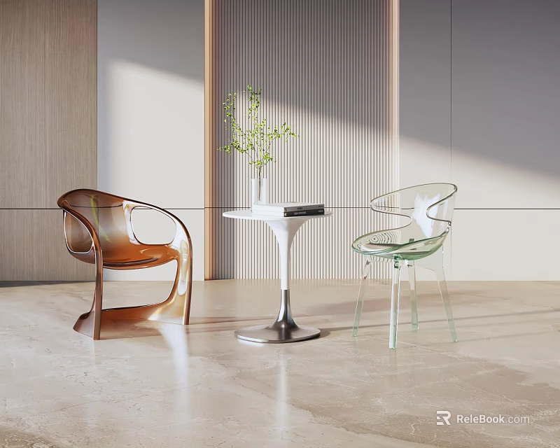 Modern Transparent And Brown Chairs With White Table And Potted Plant In Bright Interior 3d model 