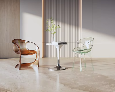 Modern Transparent And Brown Chairs With White Table And Potted Plant In Bright Interior 3d model