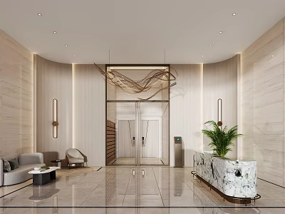 Modern Elevator Lobby Design With Marble Counter Sofa Green Plants And Stone Walls Lighting 3d model
