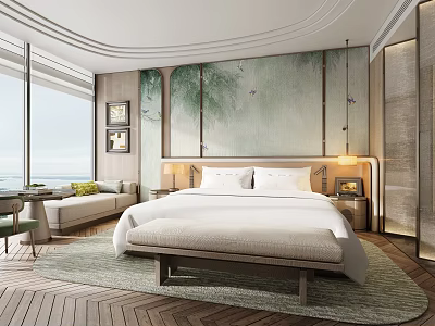 Luxury Hotel Room Interior Design With King Bed Sea View Mural And Floor to Ceiling Windows 3d model