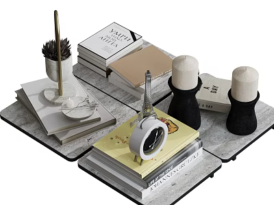 Stylish Decorative Ornament Set With Books Clock Eiffel Tower Model Pen Holder And Marble Base 3d model