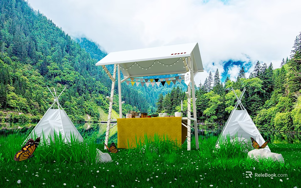 White Tepee Tents in Forest Lake Setting with Canopy Yellow Table and Colorful Flags 3d model 