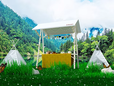 White Tepee Tents in Forest Lake Setting with Canopy Yellow Table and Colorful Flags 3d model