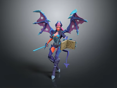 Fantasy Mythical Character 3D Render With Purple Blue Wings Weapon And Scroll 3d model