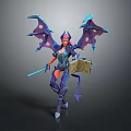 Fantasy Mythical Character 3D Render With Purple Blue Wings Weapon And Scroll