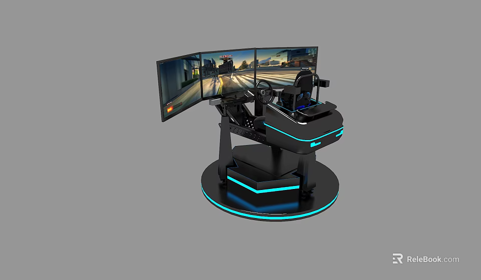 Advanced Driving Simulator Setup With Multiple Curved Screens Steering Wheel And Comfortable Seat 3d model 