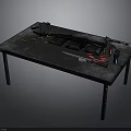 Rifle With Bullets Magazines Cleaning Brush And Bottle On Metal Table