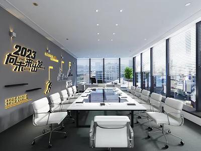 Modern 2023 Metaverse Themed Conference Room with White Chairs Long Table Large Windows City View 3d model