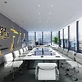 Modern 2023 Metaverse Themed Conference Room with White Chairs Long Table Large Windows City View